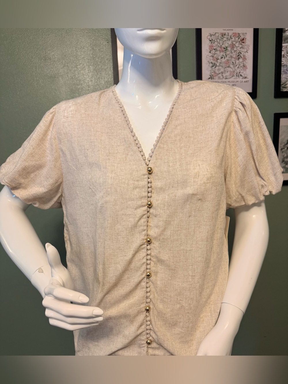 Neutral Cream Button-Down Puff Sleeve Blouse